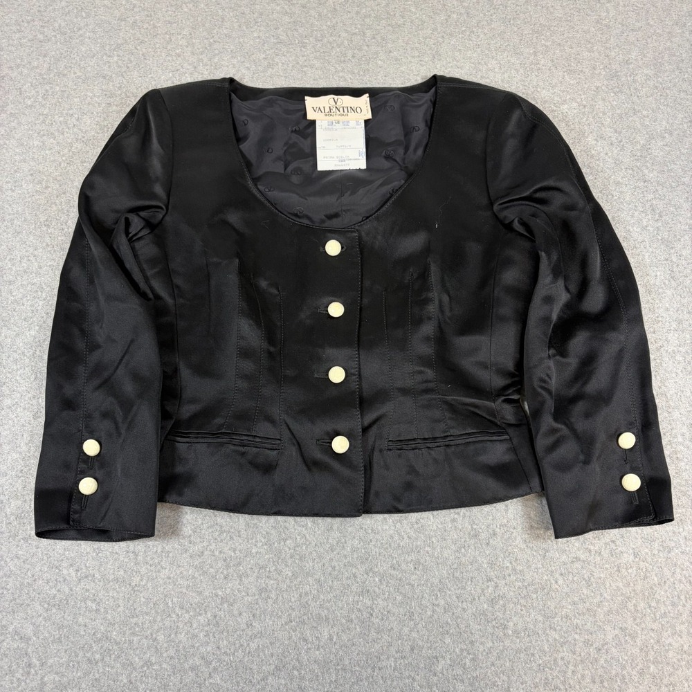 Vintage Valentino Boutique Silk Jacket Womens 12 Black Cropped Buttons